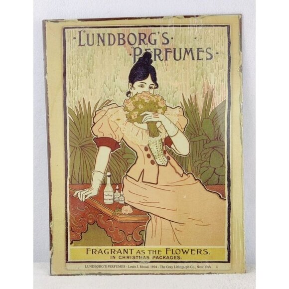 Tin Sign Vintage Reproduction Lundborg's Perfume Fragrant As The Flowers Lady - Picture 1 of 5